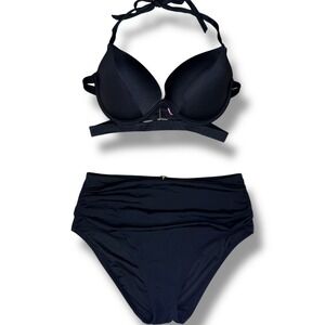 Victorias Secret Black Push Up Halter Bikini Set 36D Large High Waist Ruched